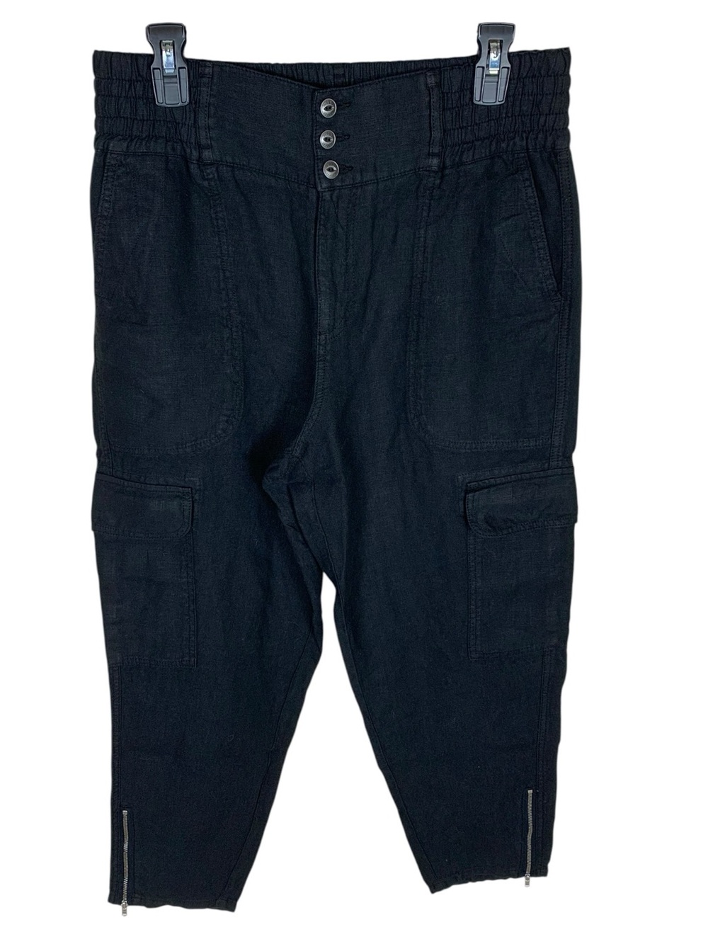 Women's Wrap London Black Linen Zip Ankle Wide Leg Cargo Pants Size 10